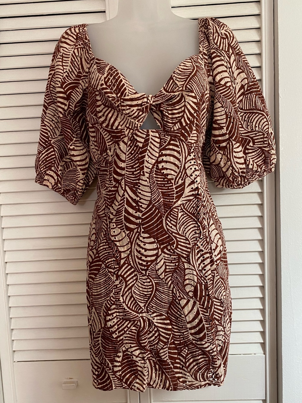Mango Brown and Cream Leaf-Print Puff Sleeve Mini Dress